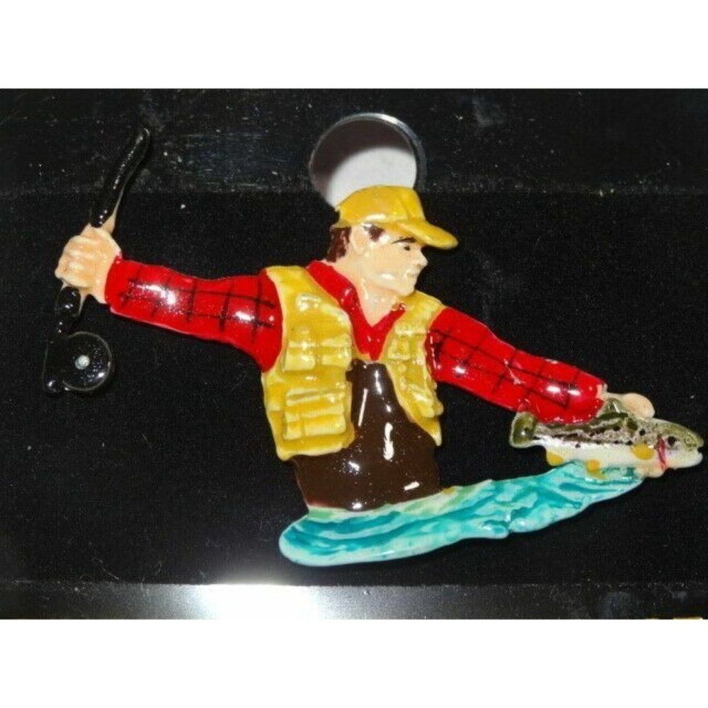 River's Edge Fly Fishing Fisherman Hand Crafted Pewter Pinback Painted Jewelry